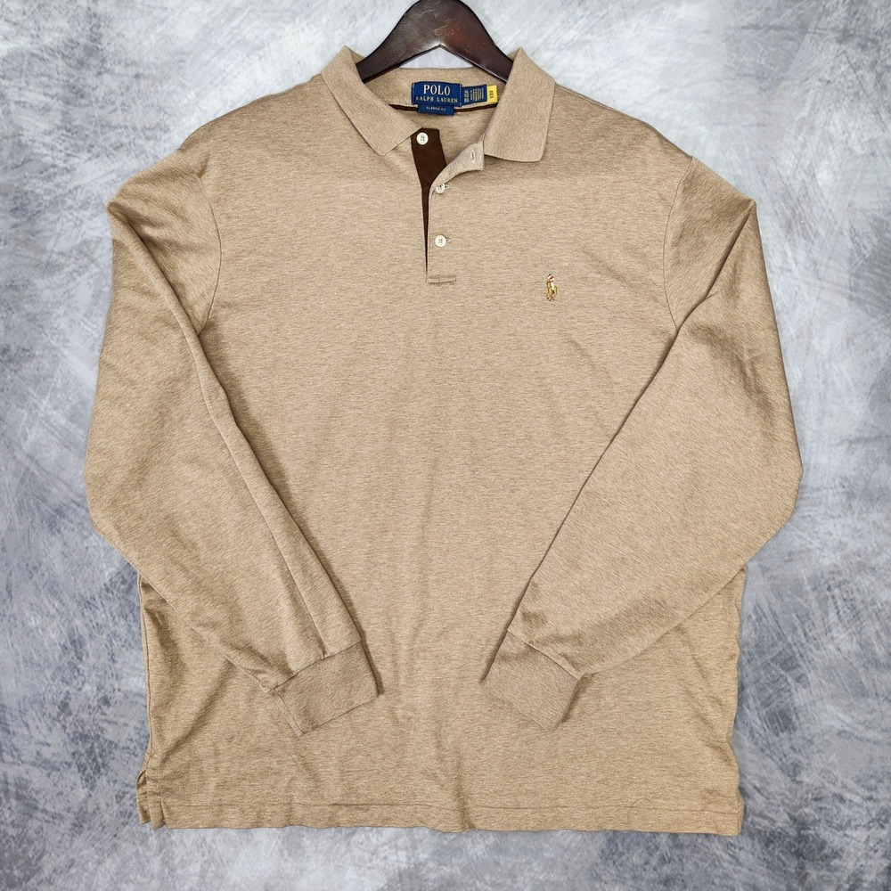 Polo Ralph Lauren Long Sleeve Polo Shirt Mens XL Tan Heather Flesh Pony